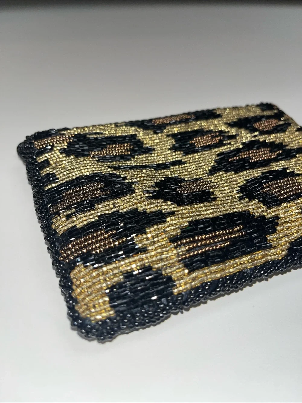 Source Unknown Gold, Black & Brown Beaded Leopard Clutch Evening Bag